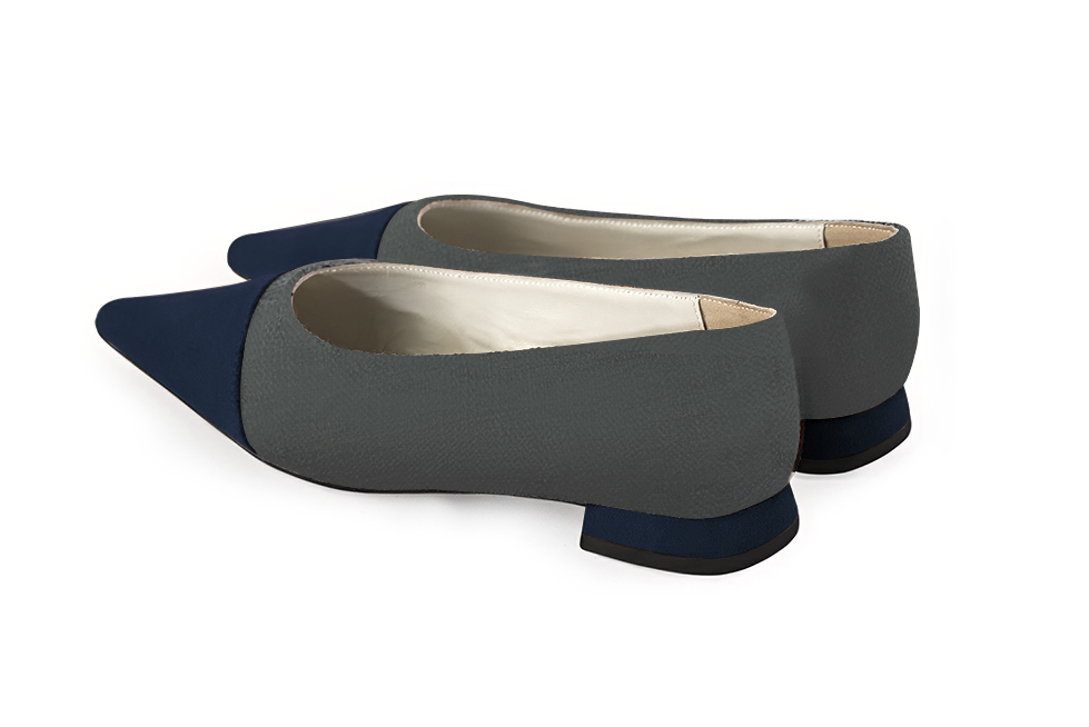 Midnight blue and dark grey women's dress pumps, with a round neckline. Pointed toe. Flat block heels. Rear view - Florence KOOIJMAN